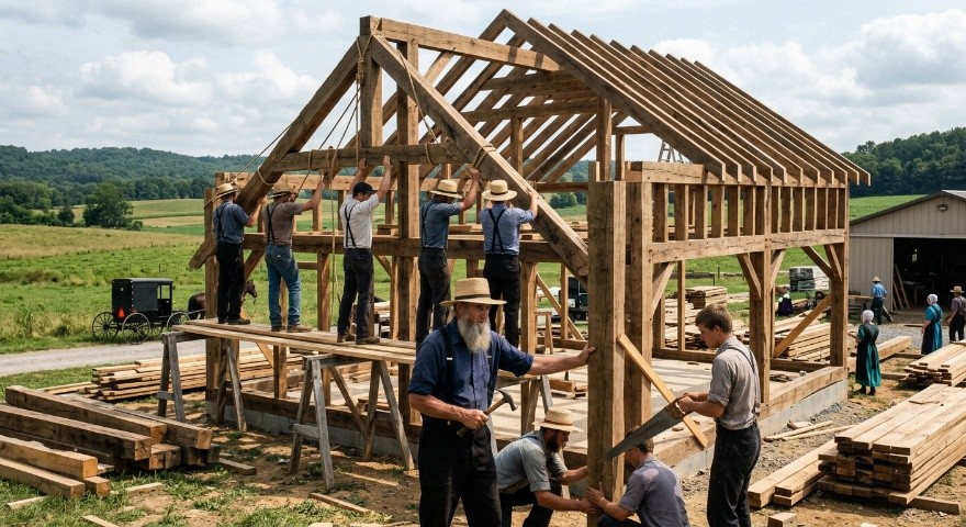 Carpenters building the first homes of the settlement